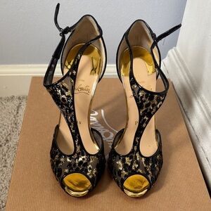 Christian Louboutin Black & Gold Leopard/Patent T-Strap Peep-Toe Heels